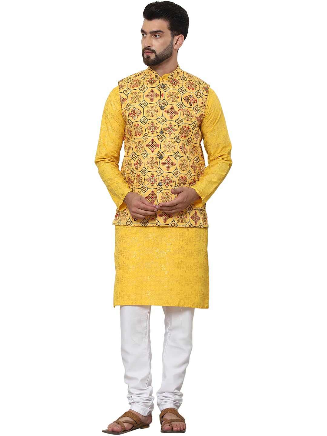 Sojanya (Since 1958 Men's Cotton Foil Printed Mustard Kurta And White Pyjama With Printed Yellow Nehru Jacket