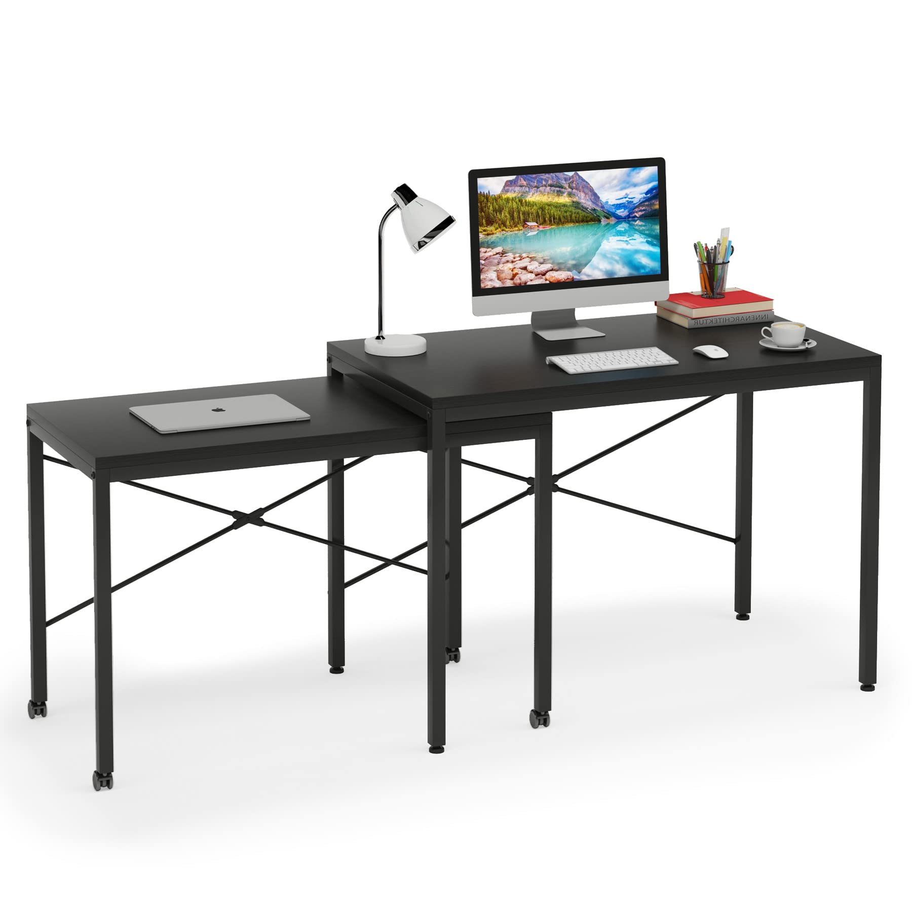 Tribesigns L Shaped Desks for Two Person, Double Corner Desks Computer Table, 39" Large Writing Workstation + Modern Small Student Desk on Wheels Lockable, Home Gaming Desks for Bedroom Office Black; PHOTO IS LIKENESS 