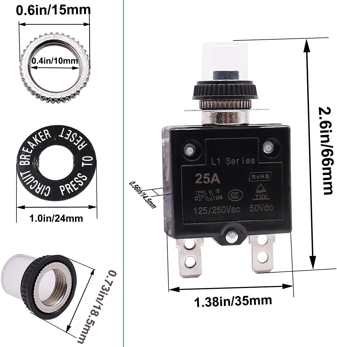 mxuteuk 2Pcs 25Amp Circuit Breakers Push Button Manual Reset 125/250V AC 50V DC, L1 Series Overload Protector Switch Thermal Circuit Breakers with Waterproof Button Caps L1-cj-25A : Tools & Home Improvement