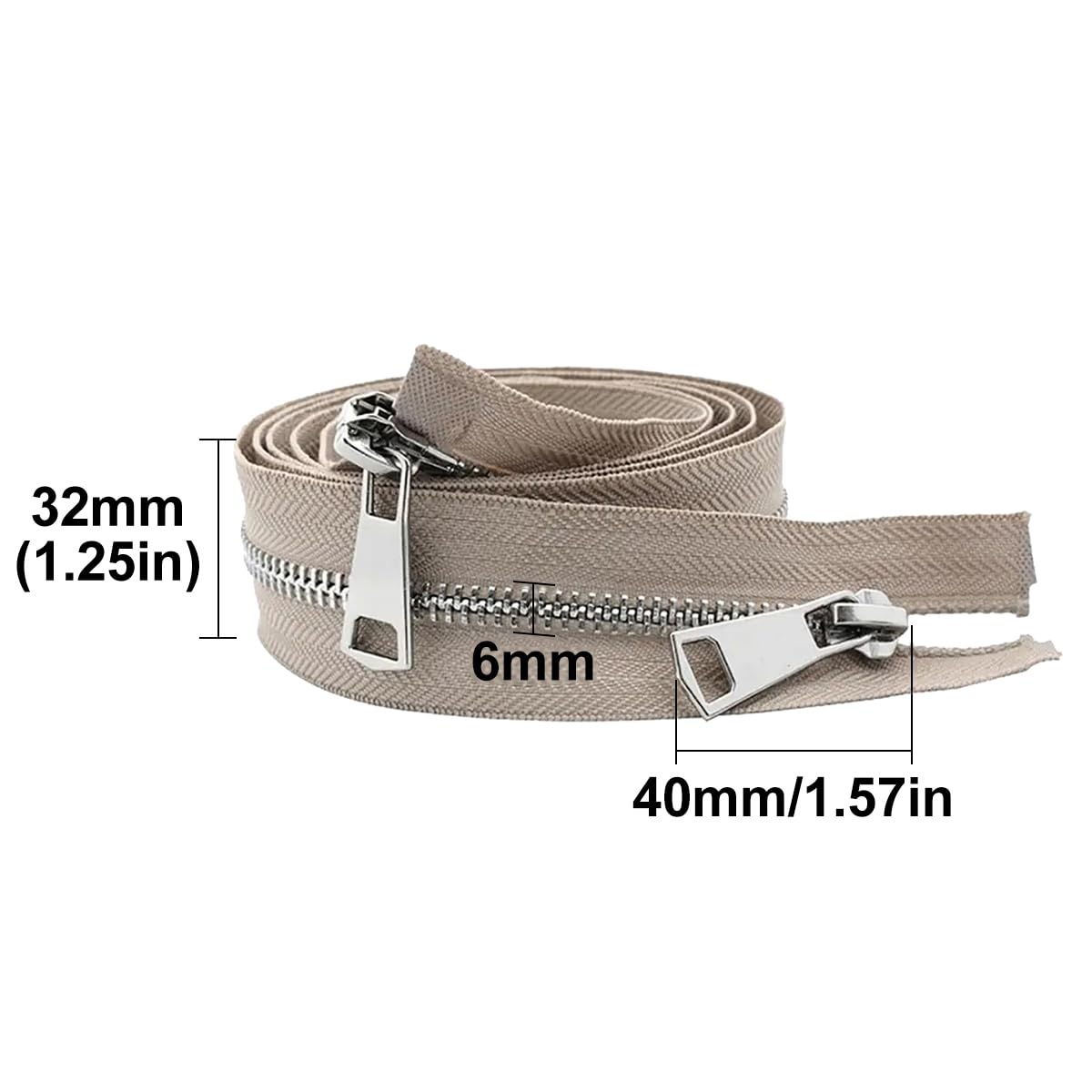 Cremalleras metálicas de 30 cm y Doble cursor para Coser Bolsos y Chaquetas, Beige