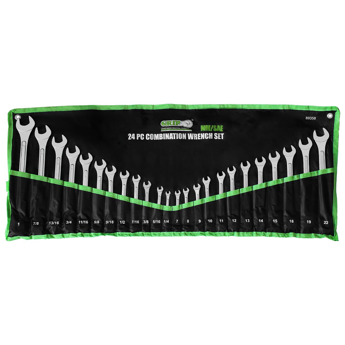 Grip 24 pc Combination Wrench Set MM/SAE - Raised Panel - Open & Boxed Ends - Roll-up Storage Pouch - MM: 7mm to 22mm - SAE: 1/4” to 1”