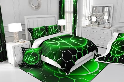 Miniatura 6 de Manfei Cortinas de baloncesto para ventana, tratamiento de ventana de panal verde, líneas geométricas de neón, cortinas de ventana para niños