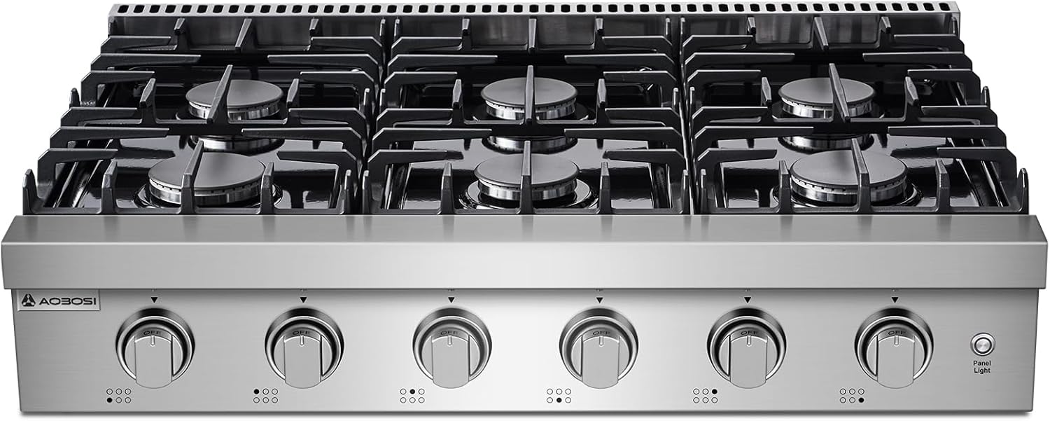 AAOBOSI 36 inch Gas Cooktop, Freestanding Range Commercial Cooktops, Built-in Propane Stoves Top NG/LPG Switch, Cast Iron Stove Top Covers for with 6 Gas Burners for Cooking, Grilling