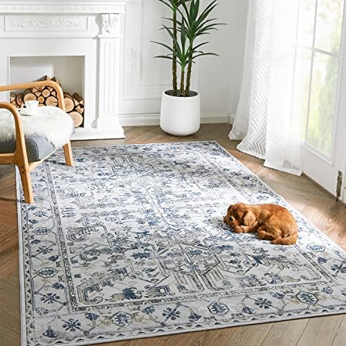 TOPICK Runner Rug 60x210cm Distressed Grey Multi Area Rug Hallway Runner Floral Rug Chenille Print Vintage Rug Accent Thin Rug Anti Slip Indoor Floor Rug Kitchen Living Room Bedroom Office