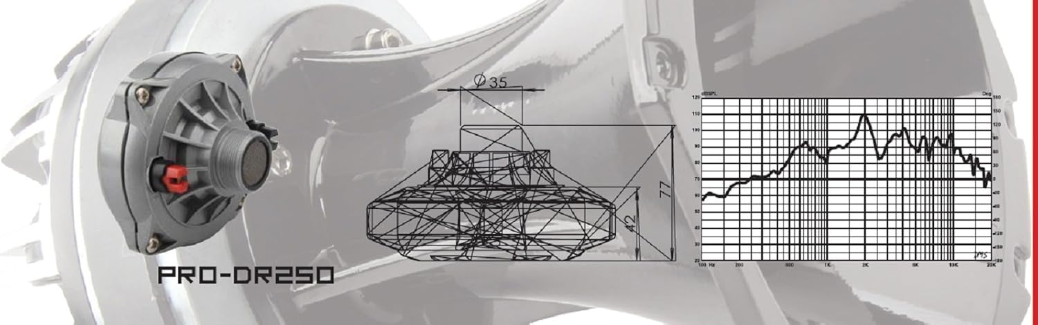 DS18 PRO-DR250 technical drawing with dimensions and frequency response graph