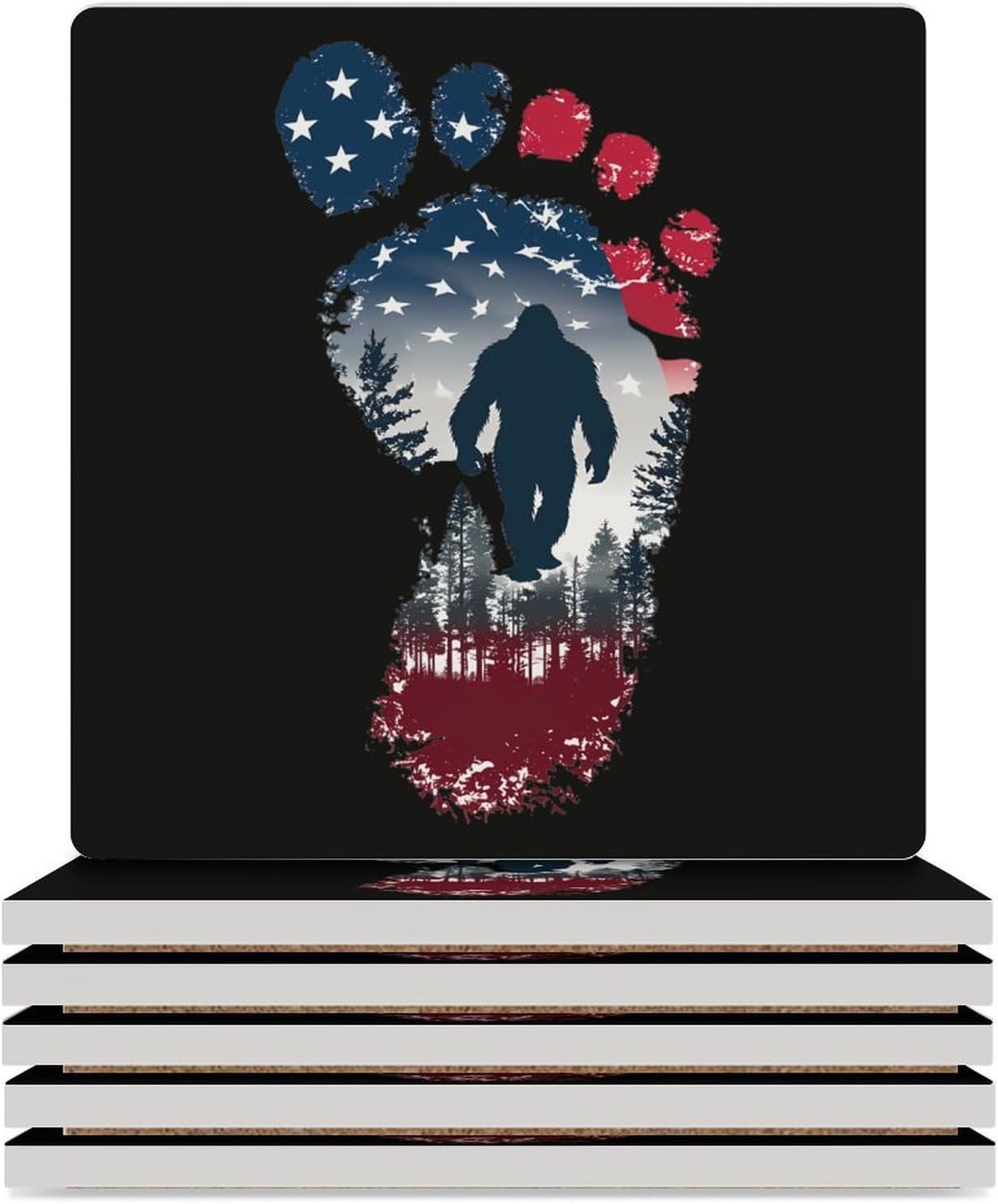 USA Flags Bigfoot Sasquatch Footprint Coaster for Drinks Square Ceramic Table Coasters Stone Mat Crafts 6PCS Home Kitchen Decor
