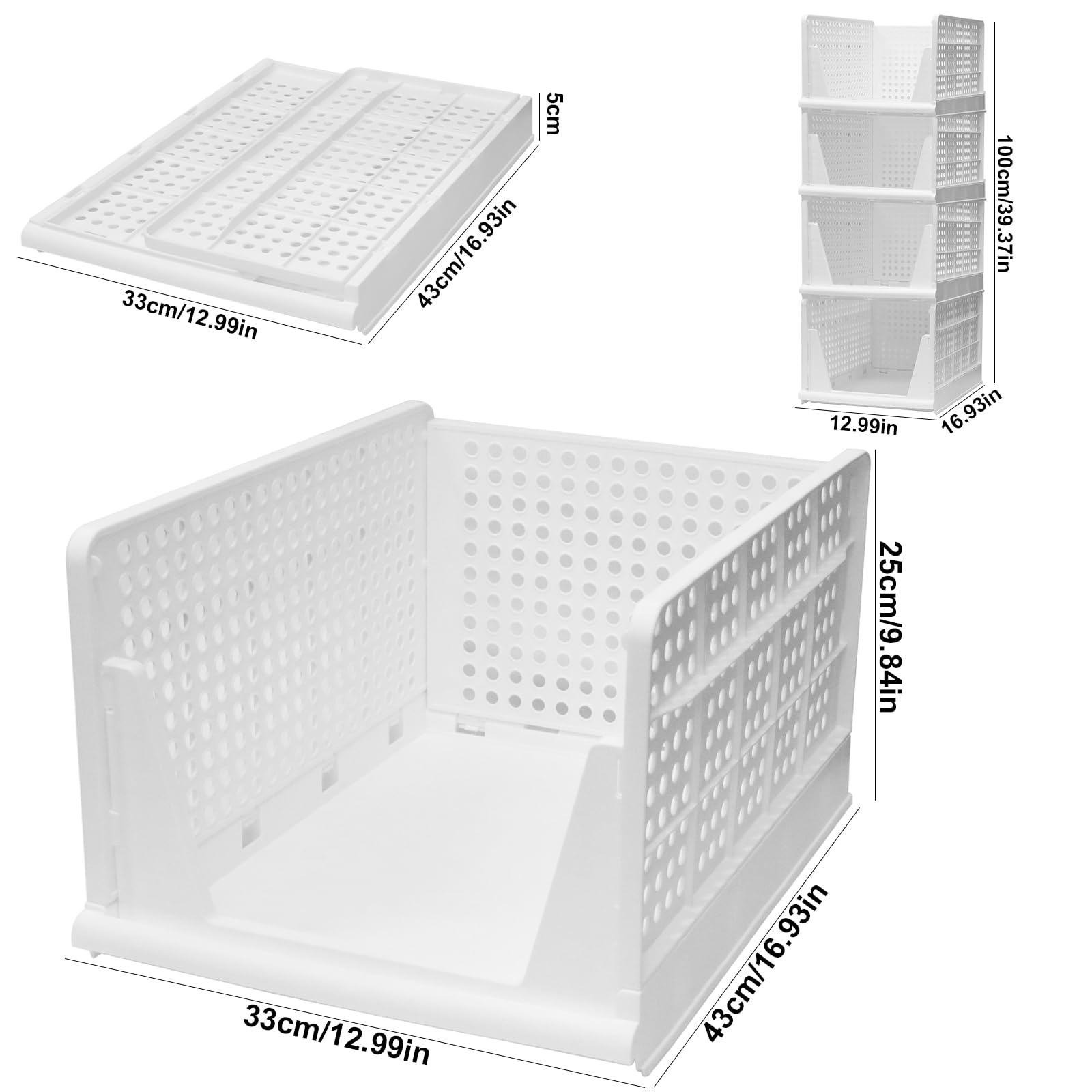 Organizador de almacenamiento para armario, 4 piezas cestas apilables grandes – 43x33,5x25cm, contenedores de almacenamiento de plástico para armario, hogar, oficina, lavandería, ropa