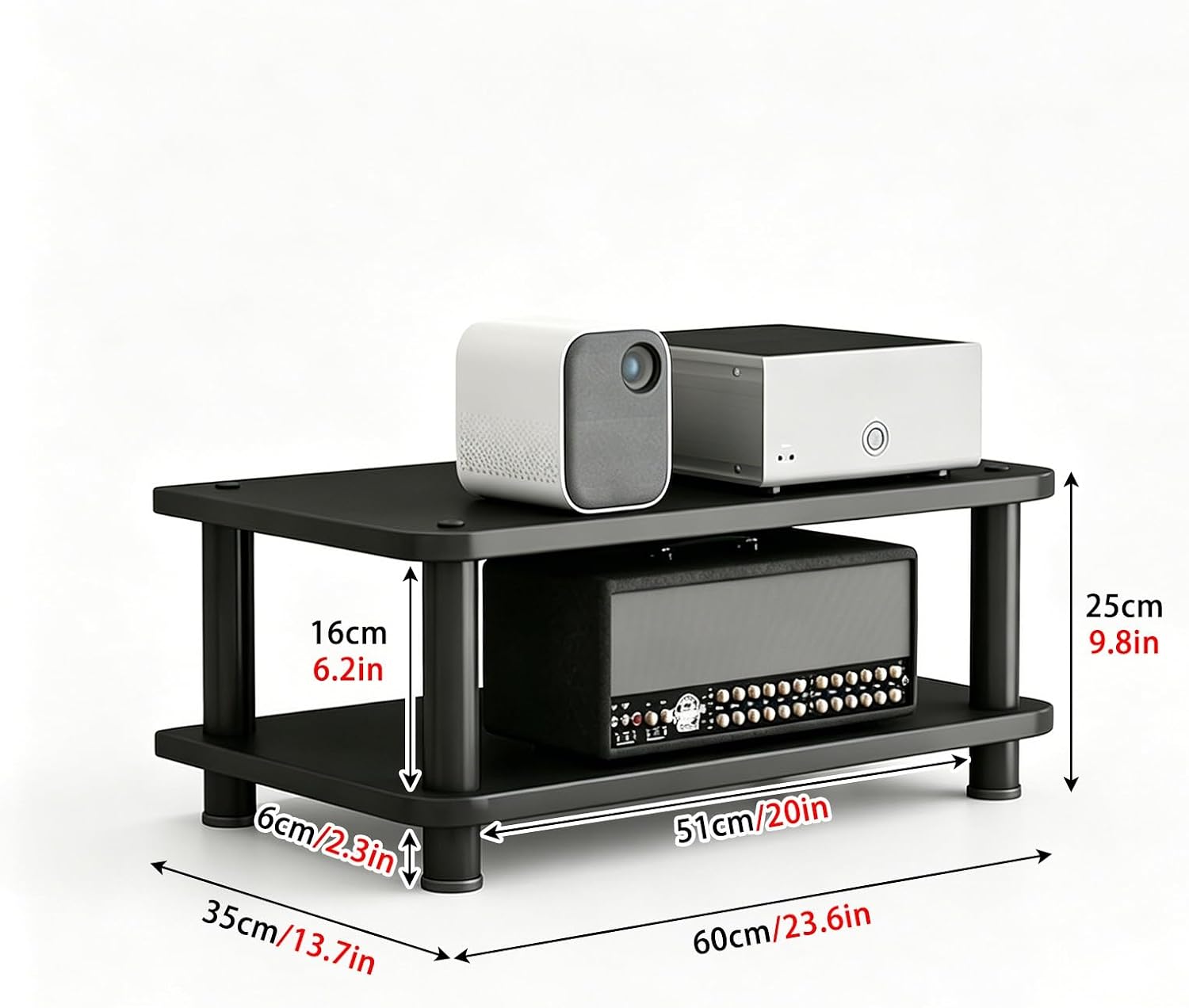 Small Stereo Cabinet, Modern Audio Stand, Desktop Stereo Cabinet Desktop Audio Stand Av Media Player Stand for Living Room, Game Room, Recording Studio(Black,2 Tier 25cm/9.8in)