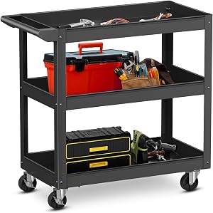 IRONMAX 3 Tier Rolling Service Cart, 400 LBS Heavy Duty Utility Cart, Metal Work Cart on Wheels, Ergonomic Flat Handle, Chic Mechanic Tool Cart for Garage Warehouse, Repair Shop (Black)