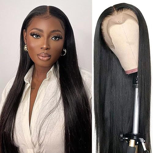 Straight Lace Front Wigs Human-Hair - 13x4 Glueless HD Lace Frontal Wig Pre Plucked with Baby Hair, Natural Black 150% Density Brazilian Virgin Wigs for Black Women (26 INCH)