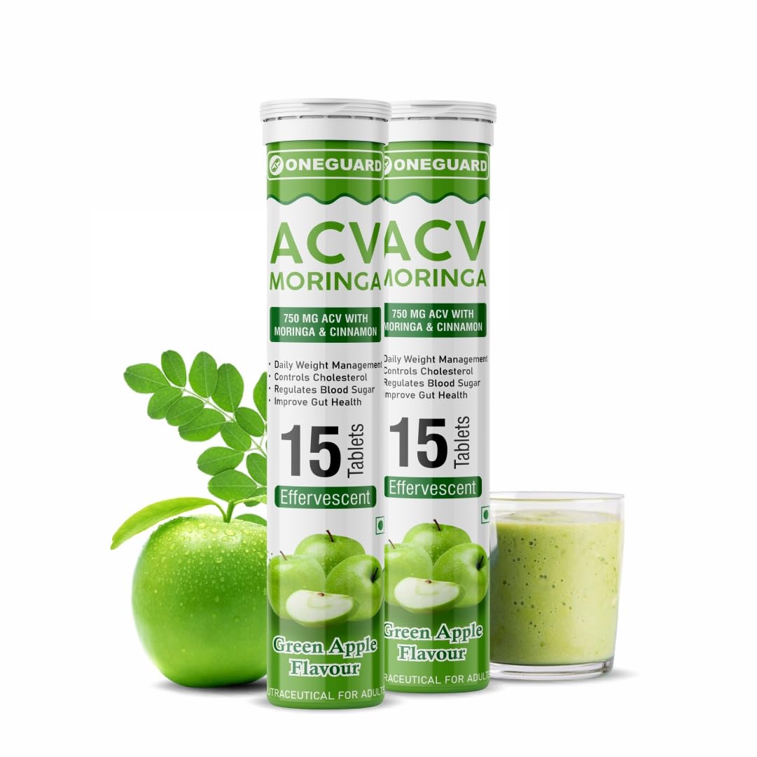 Oneguard ACV Moringa For Weight loss | Controls Cravings | No Added Sugar | Natural Energy Booster | For Weight Management 750mg, With Cinnamon| Healthy Gut | Green Apple, 30 tabs-image-28