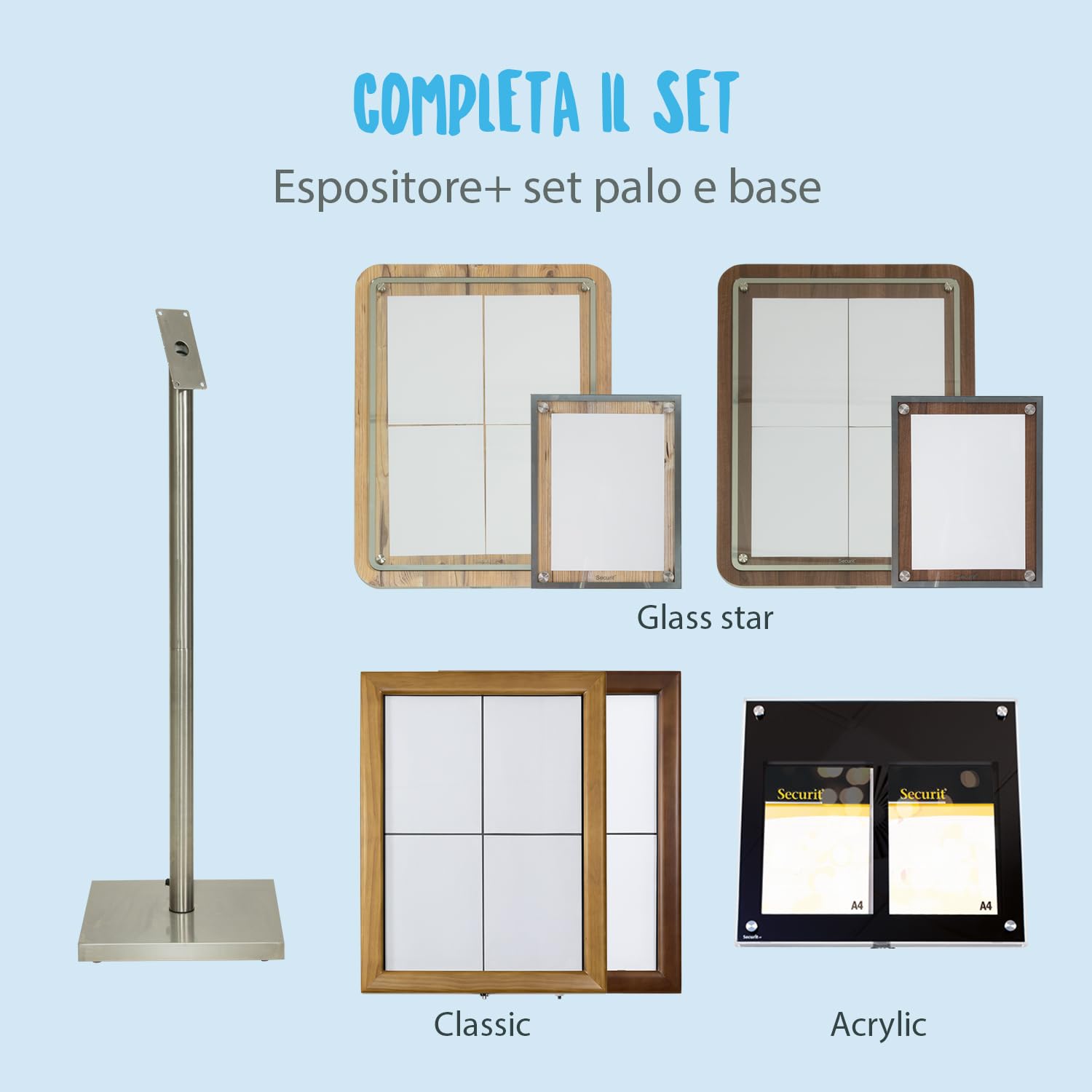 SECURIT - Set di Palo e Base Per Espositore - Per Caffè, Ristoranti, Bar, Negozi - Acciaio Inossidabile - 125 cm