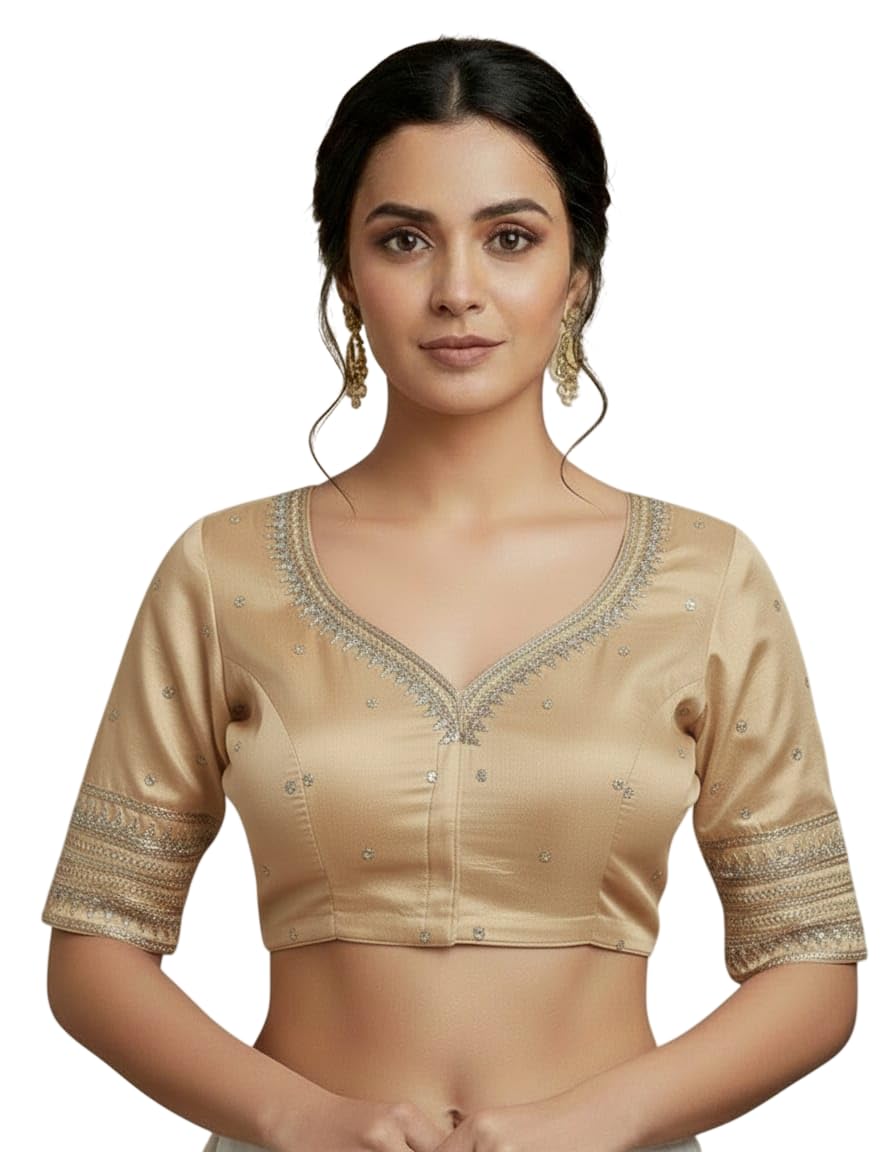 Elegant Embroidered Saree Blouse for Women, Traditional V-Neck Design with Gold Embellishments, Half Sleeve, Adjustable Size Up to 38 Inch-picture-40