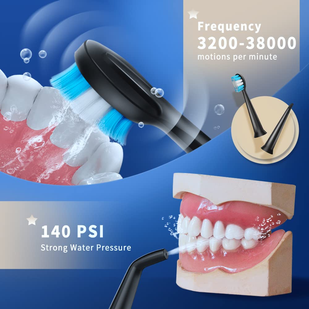 Spazzolino elettrico con idropulsore, spazzolino elettrico 3 in 1 con 4 modalità, spazzolino da denti e idropulsore combinato per adulti, idropulsore portatile per viaggi e casa