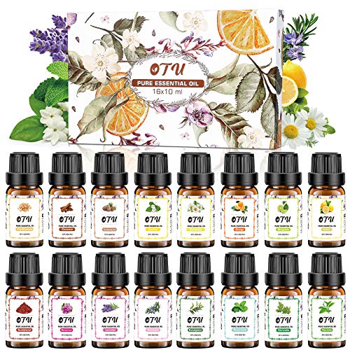 OTU Essential Oils Set (16 Packs), 16x10 ml 100% Naturally Essential Oils Therapeutic Oils Set, Pure Fragrance Oil Organic Aromatherapy Oils Gift Set for Diffuser Massage & DIY 0.34 Fl Oz