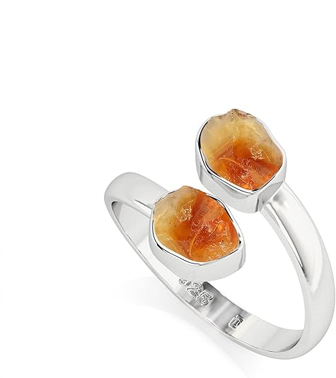 Natural Raw/Rough Citrine 2 Stone Size Adjustable Stackable Twister Ring for Women in Sterling Silver, November Birthstone Jewelry Gifts for Her (Bezel-Set)