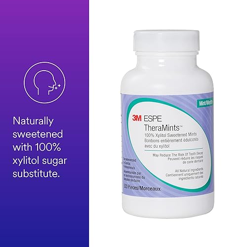Miniatura 2 de 3M 70201054072 TheraMints 100% Xilitol Edulzadas Mints, sabor menta, botella de menta 520 con lata de viaje