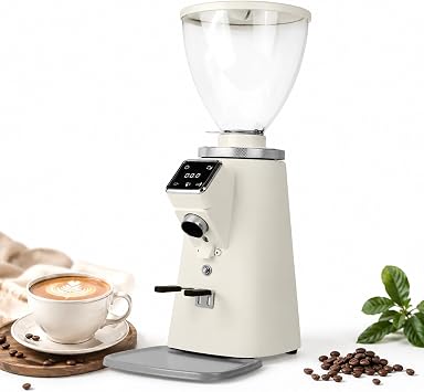 Metal Body Espresso Bean Grinder - 64mm Flat Burrs, 350W Direct Drive Motor, Portafilter Dosing Fork White
