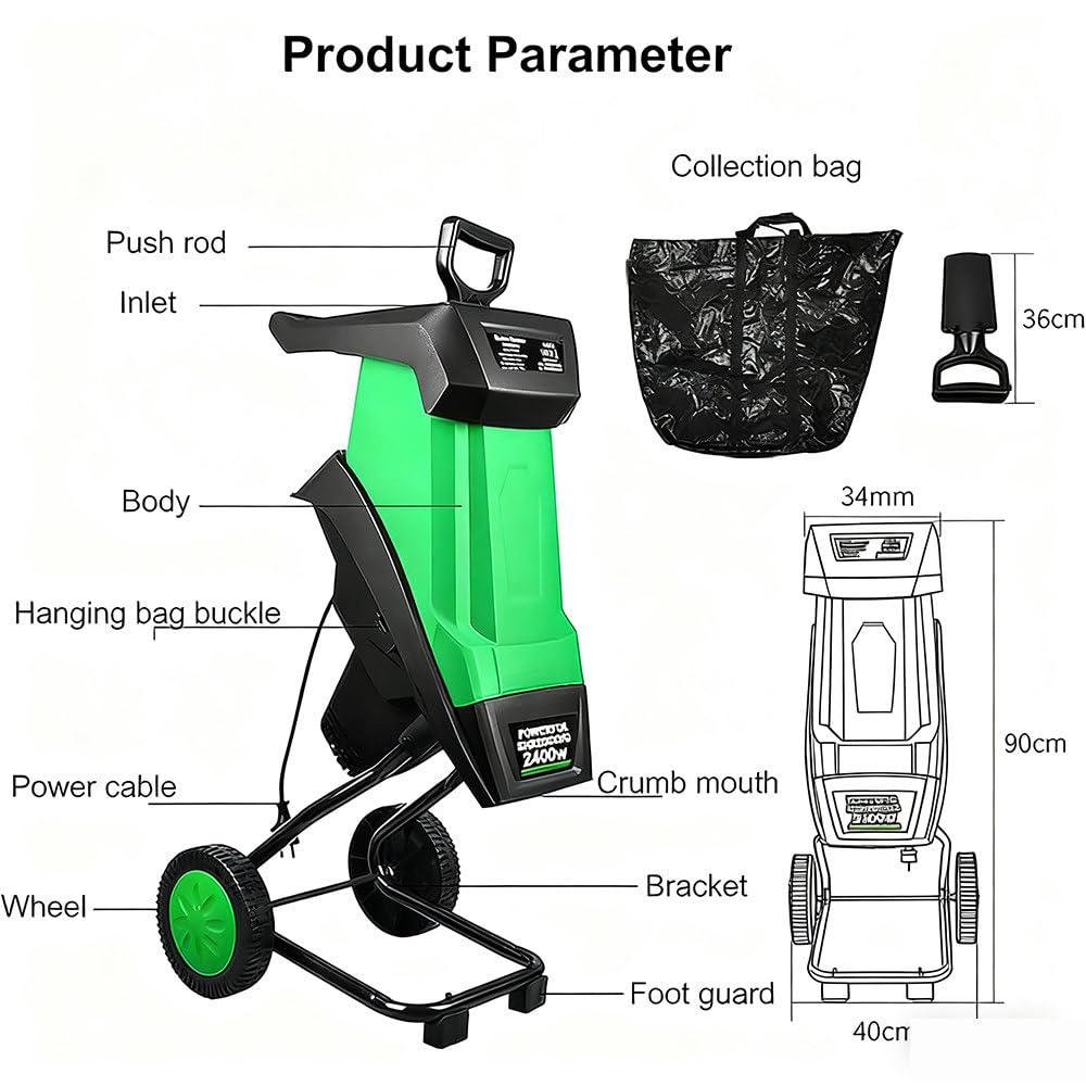 biotrituratore elettrica, incl. Sacco Raccolta 50 l,Pala Alimentazione e Sacco Raccolta,Ruote mobili per Un Facile Trasporto,velocità a Vuoto: 4500 Giri/min, Diametro di Taglio Massimo 39 mm