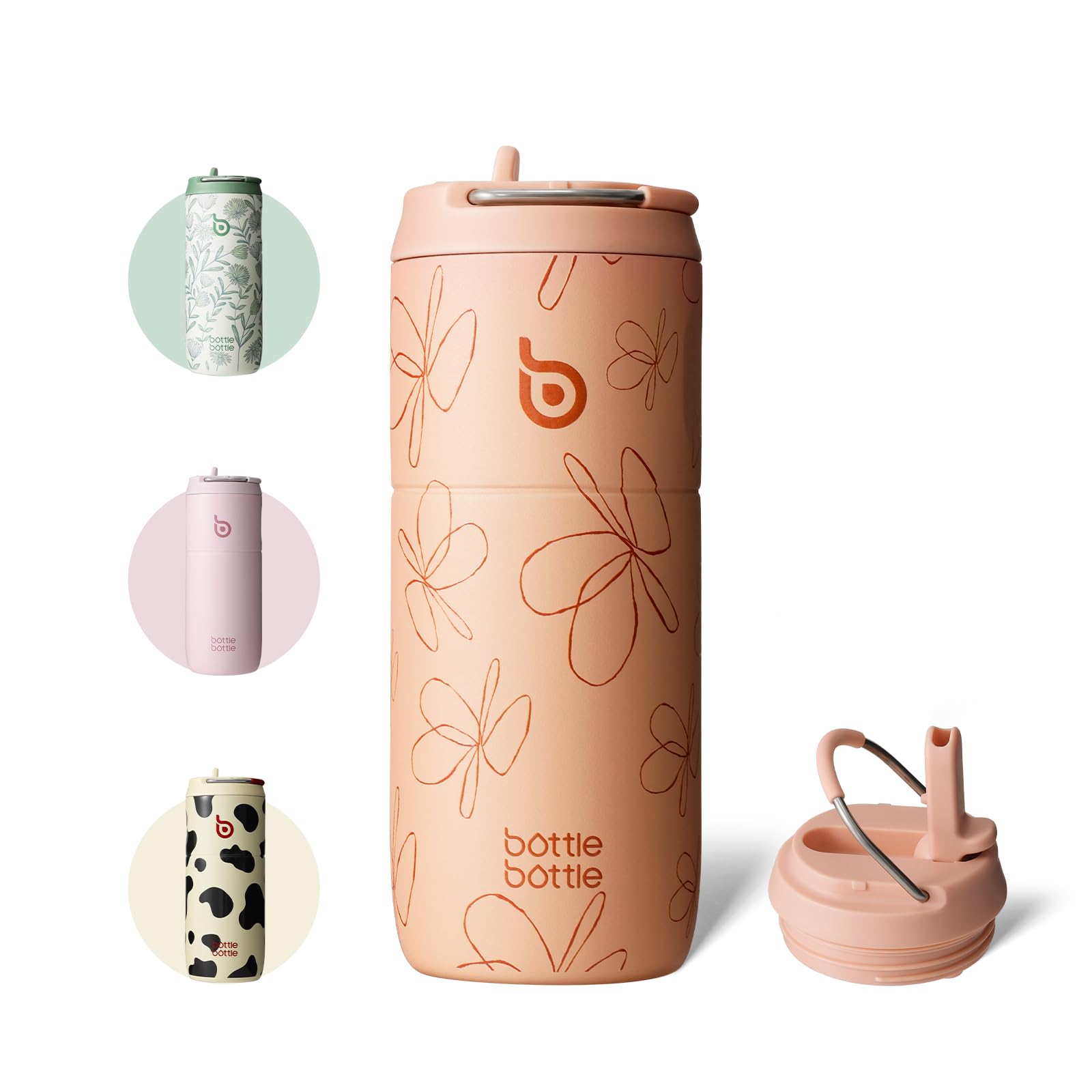 Bottlebottle Borraccia in acciaio inox con cannuccia da 500 ml, borraccia sportiva a prova di perdite, ideale per scuola, ufficio, escursioni e gite, senza BPA (Fiori Gialli)