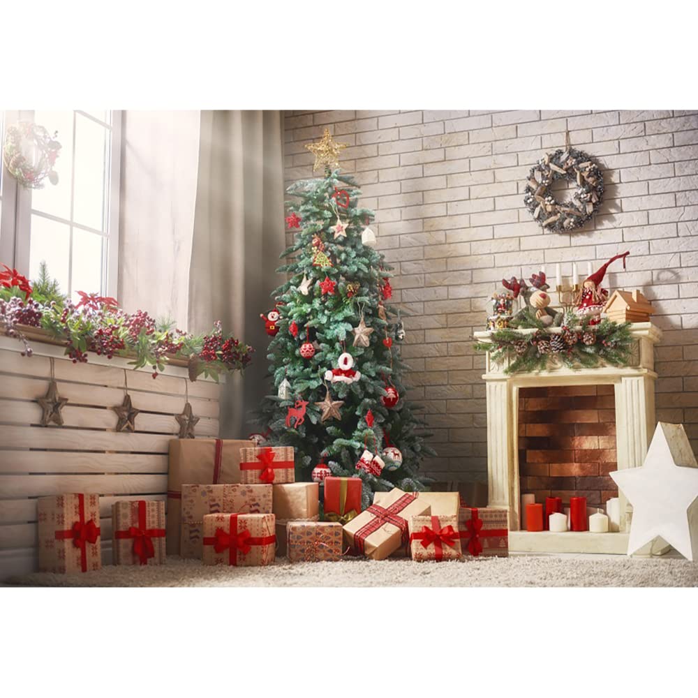 Aoihrraan 3x2m Navidad Telón De Fondo ?rbol Navidad Sol Ventanas Chimenea Regalos Rojos Corona Marrón Pared Ladrillo Rústico Fondo Fotografía Ni?os Adultos Retrato Familiar Accesorios Estudio Foto