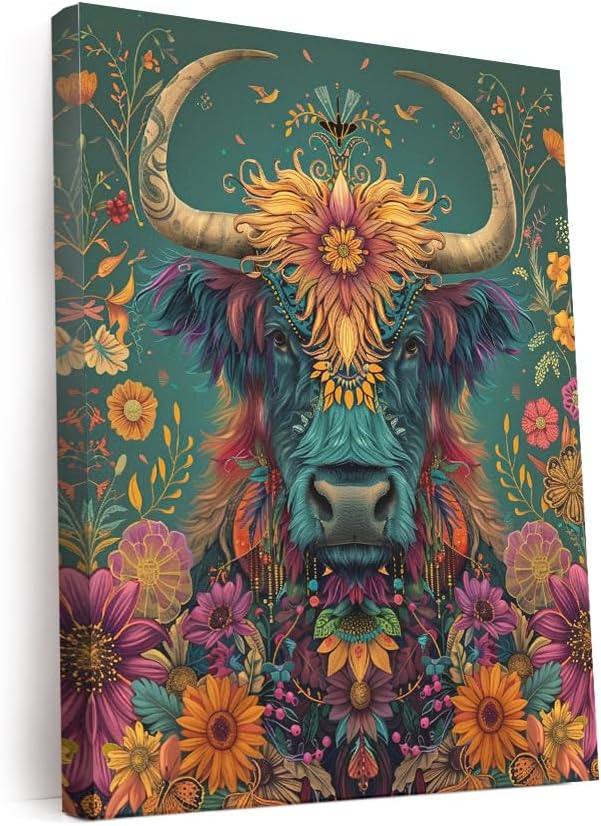 Highland Cow Ornamental Boho Art Design 1 Canvas Wall Art Print