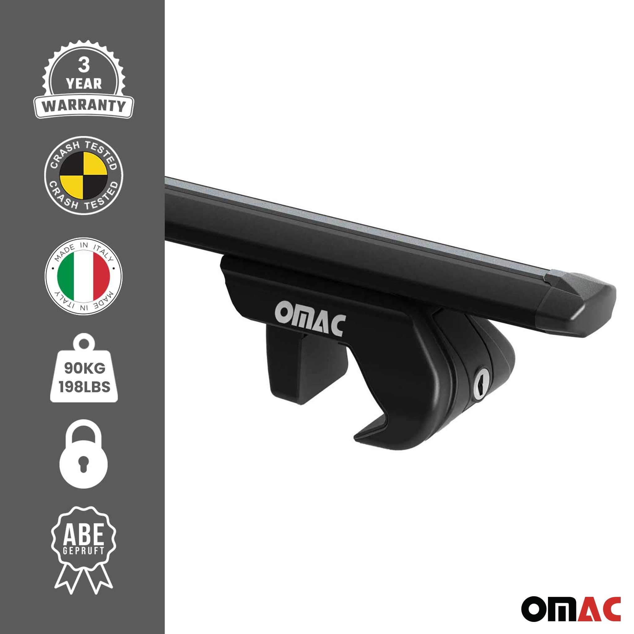 OMAC Dachträger Aluminium TÜV geprüft für Citroen Berlingo 2008-2018 – Für Standard Dachreling – T Nut – Max 90 kg – 2 Schlösser Schwarz