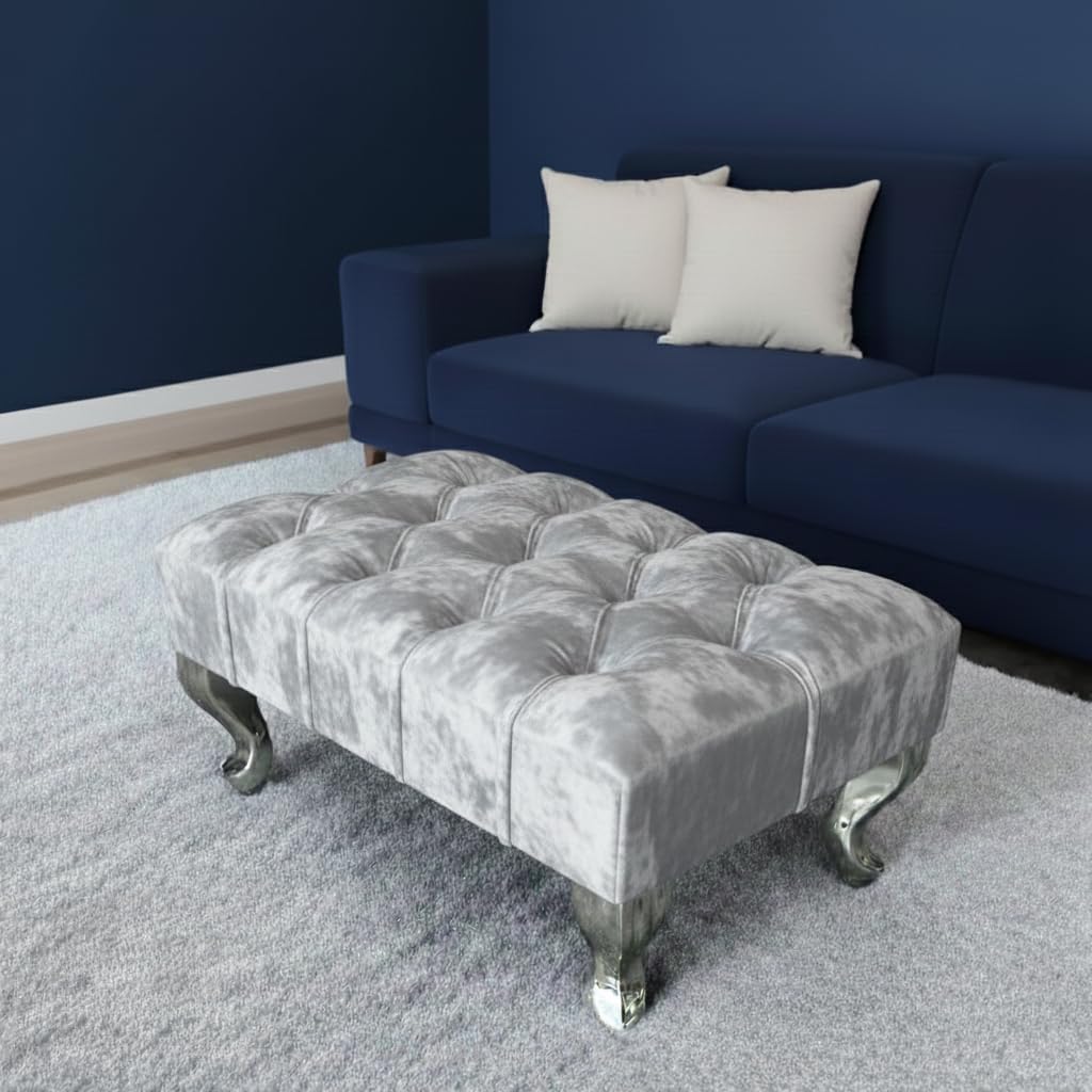 mm08enn Chesterfield Upholstered Footstool, Pouffe Bench Seat, 55 x 35 x 22 cm (Silver)
