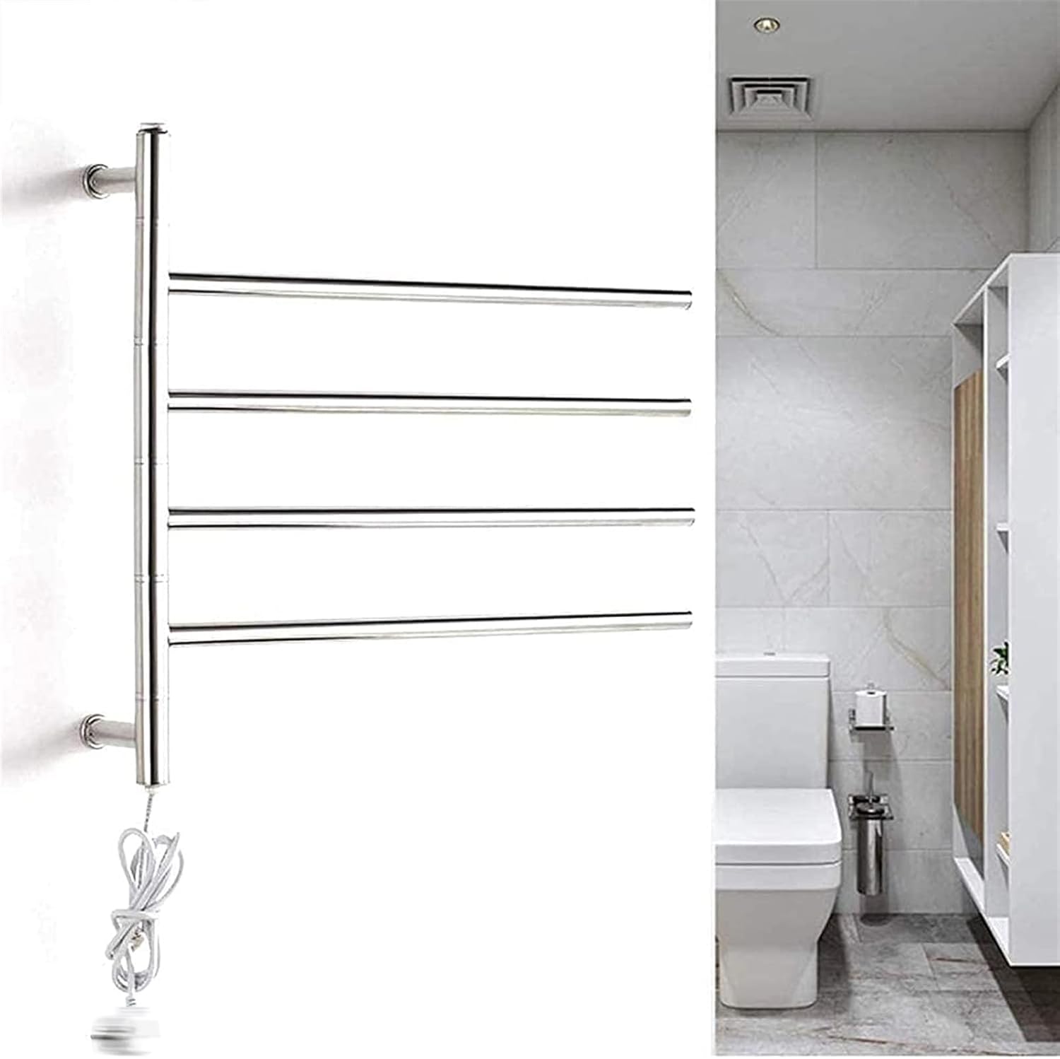 Wall Mounted Electric Towel Warmer - 304 Stainless Steel Heated Towel Rail with 180° Rotatable Rack & 4 Swivel Bars for Efficient Drying & Luxurious Comfort in Bathrooms(
