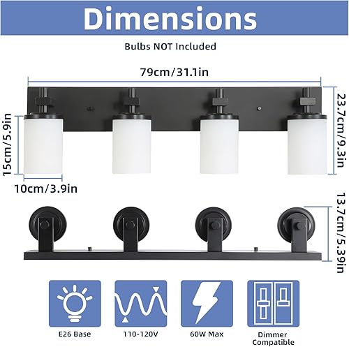 Miniatura 5 de LOUSACE Accesorios de iluminación de baño sobre espejo, 4 luces, luces de tocador de baño, negro mate, accesorio de iluminación de tocador de pared