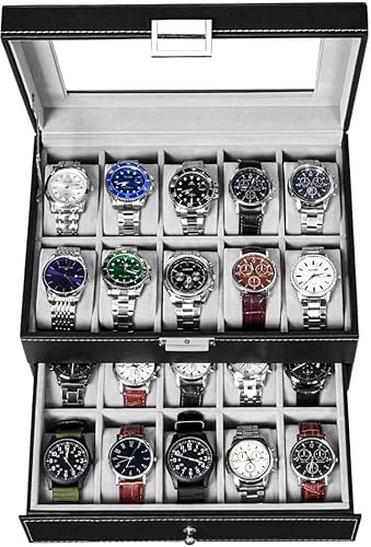 BEWISHOME Organizador de caja de reloj para 20 hombres caja de almacenamiento de exhibición de metal con bisagra de metal negra de piel sintética