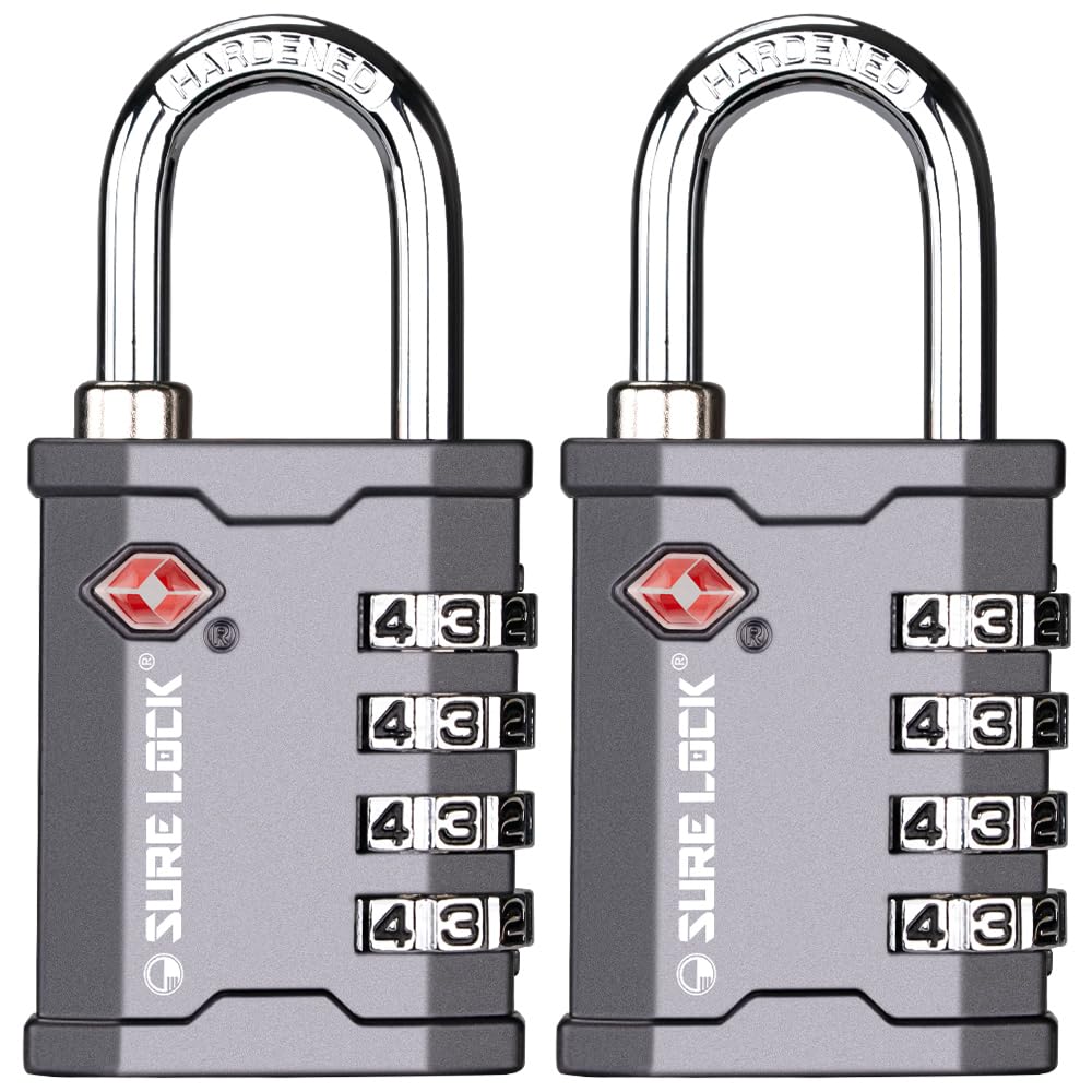 SURE LOCKTSA Accepted 4 Dig Heavy Duty Big Combination Luggage Padlock All Metal Travel Lock for Equipment Hard Case Luggage Gun Case Gym Locker Pelican Vault Lock (2, Grey)