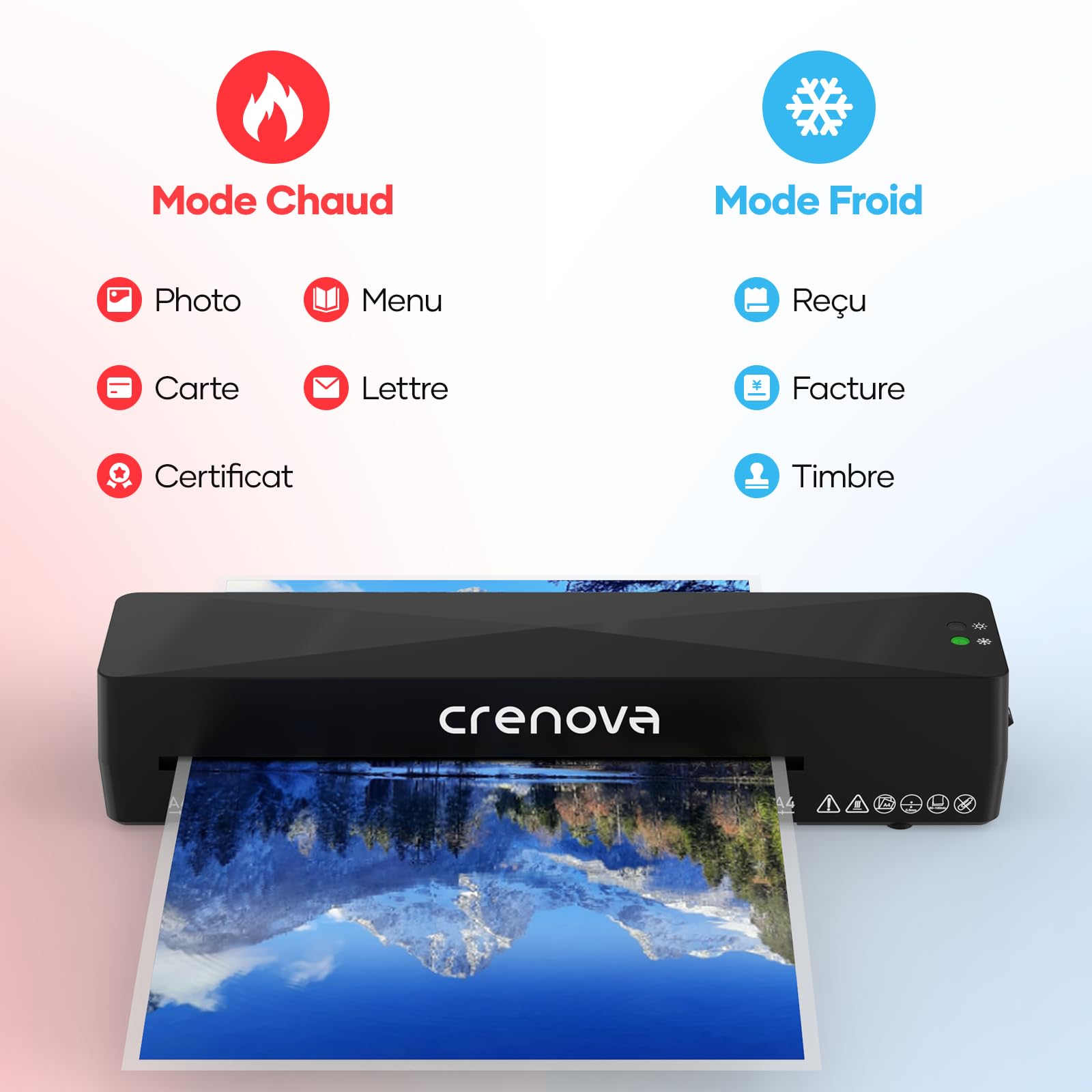 Crenova Plastifieuse A4/A5/A6, Modes Chaud et Froid, Massicot Intégré, Anti-Bourrage, Préparation Rapide, Noir