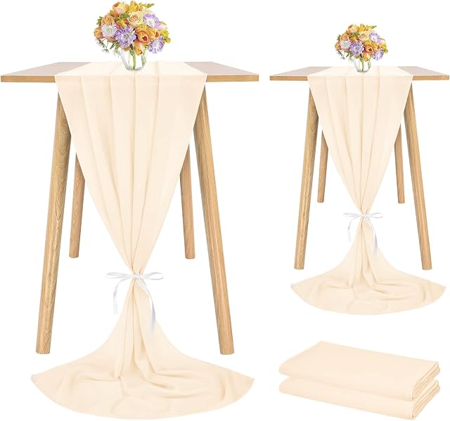 Showgeous 2 Pcs Chiffon Table Runner 28x120 Inches Romantic Wedding Runner 10ft Ivory Chiffon Table Cover Dressing Table Runner for Wedding Birthday Party Bridal Baby Shower Decorations