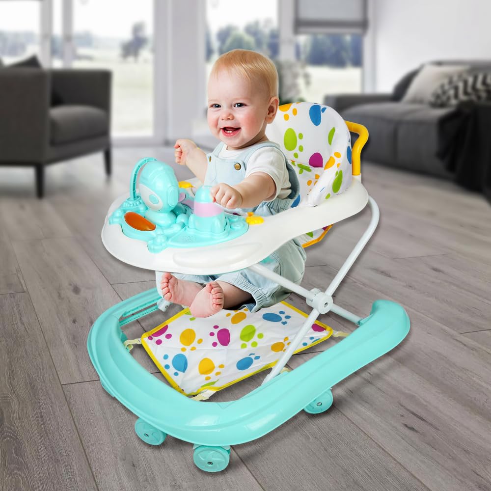 Girello per Bambini 6–18 Mesi, Baby Walker Pieghevole con Altezza Regolabile, Vassoio Gioco con Luci e Suoni, Ruote Silenziose, Base Antiribaltamento(WX38501)