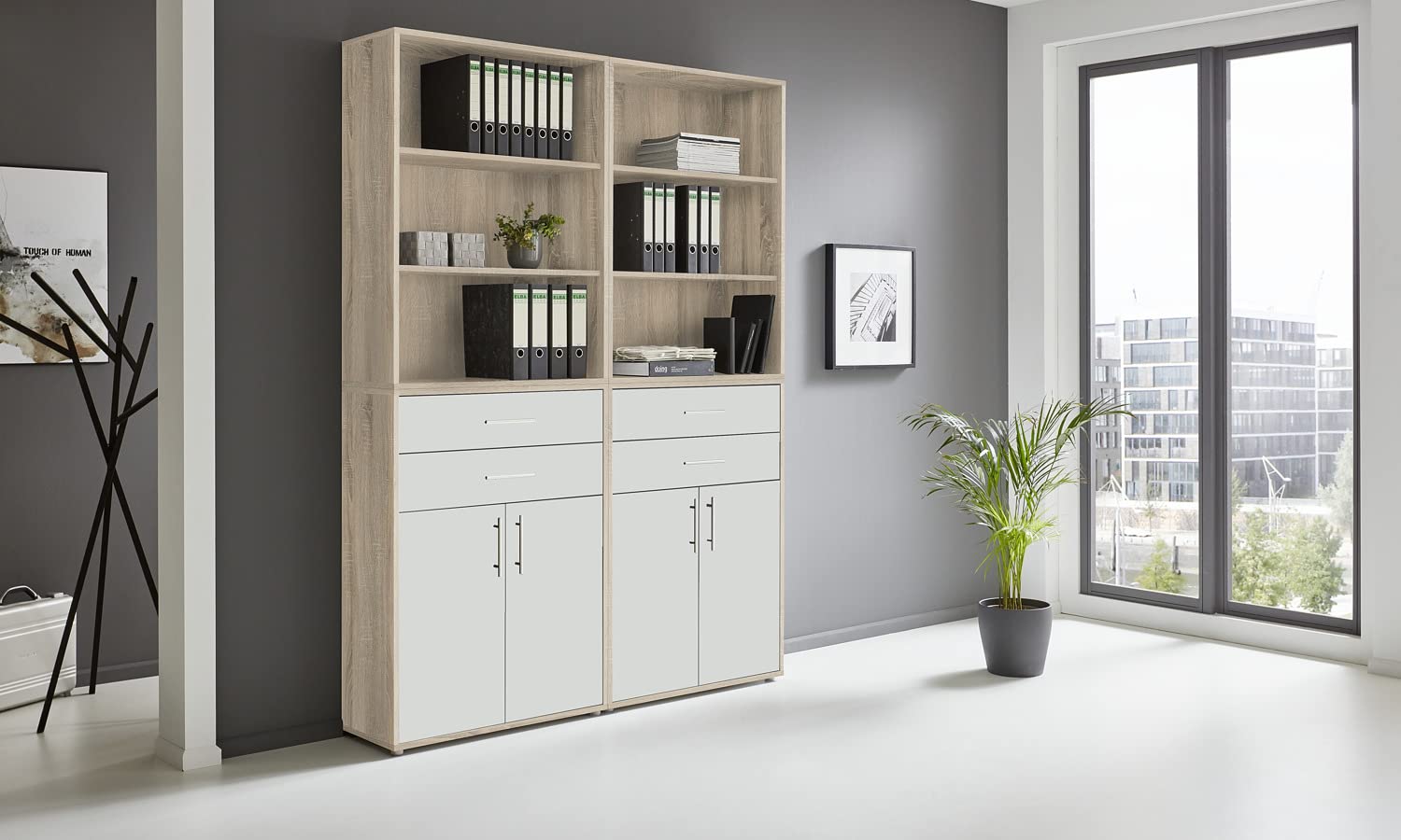 BMG Möbel Aktenschrank Office Edition Set 20, Büroschrank mit Metallgriffen Made in Germany (Eiche Sonoma/Weiß Matt)