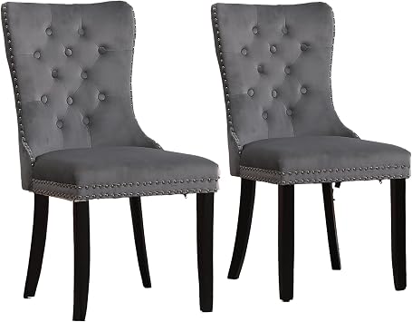 Neo 2X Upholstered High Back Studded Crushed Velvet Dining Kitchen Bedroom Chair Button Studded Tufted Ring Knocker Armchair Chairs Wooden Legs Dark Grey