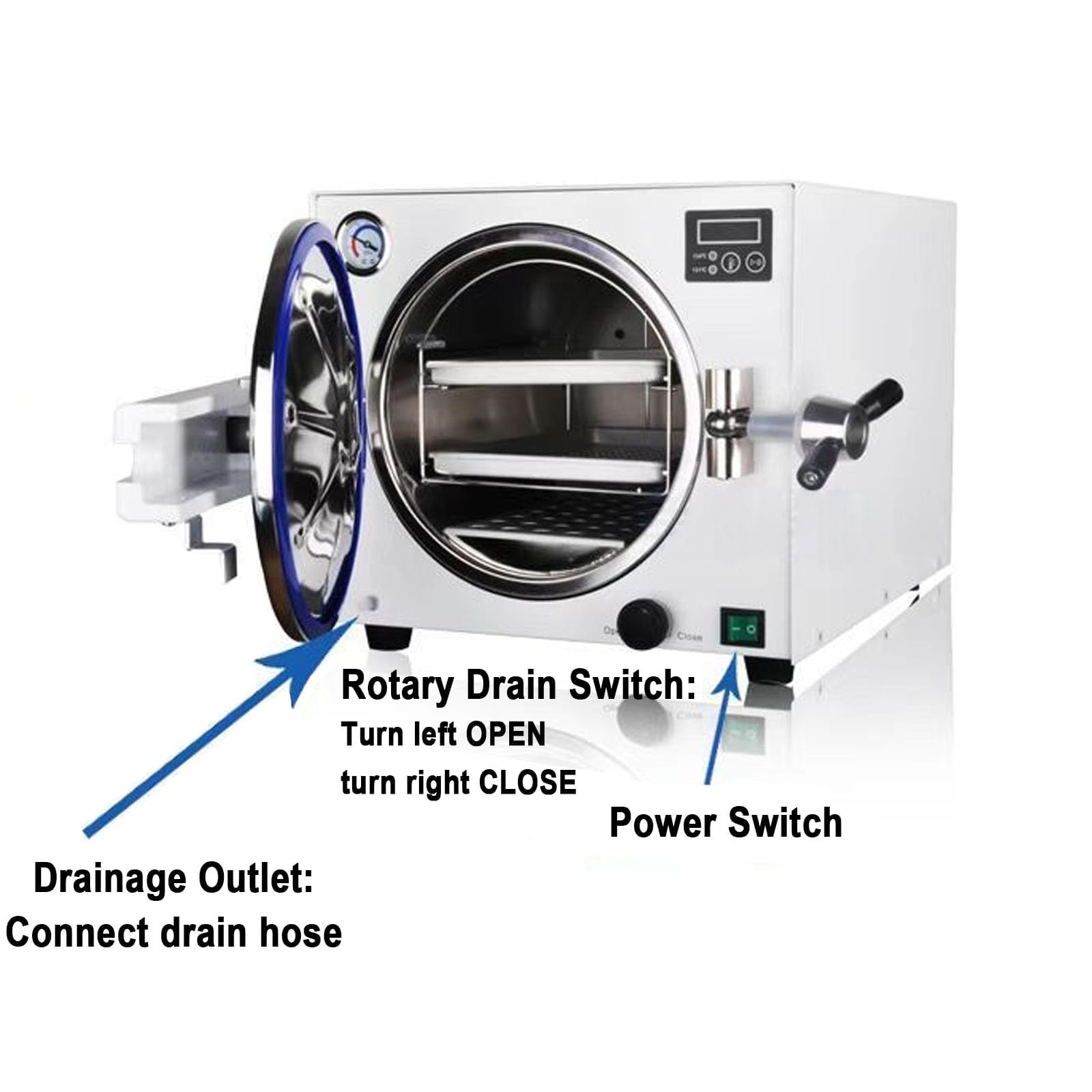Autoclave de vapor al vacío con pantalla digital, capacidad de 18 litros, esterilizador de laboratorio de acero inoxidable de 1100 W con bandeja de instrumentos y tubo de drenaje