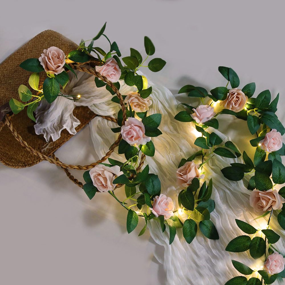buywin 6FT Flower Garland String Lights, Battery Operated Fake Rose Vine Floral Garland with 20 LED Fairy Lights, Silk Hanging Pink Rose Light for Wedding Party Home Table Wall Decor (Pink)