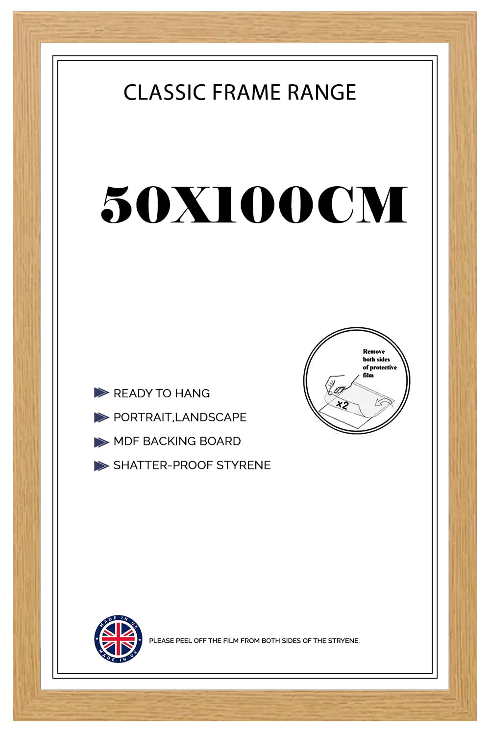 Flat Oak Poster Frame 50x100cm Lightweight Vertical & Horizontal Shatter-Proof Acrylic HD Clear Front Wall Hanging Picture Frame