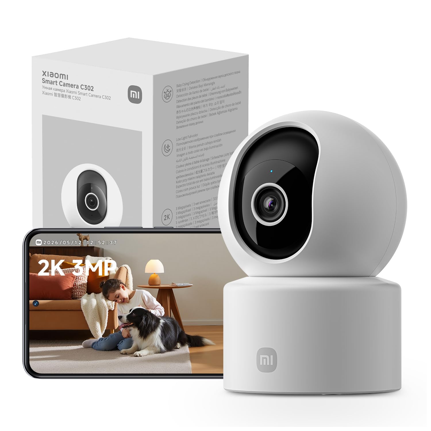 XIAOMI C302 Indoor Camera, 2K 3MP Wi-Fi Pet Camera, 360° Panorama, Alexa