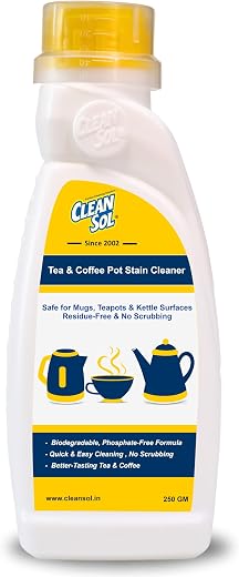 Cleansol Tea & Coffee Pot Stain Cleaner Powder | Safe for Mugs, Teapots & Kettle Surfaces | Residue-Free & No Scrubbing – 250 Gram