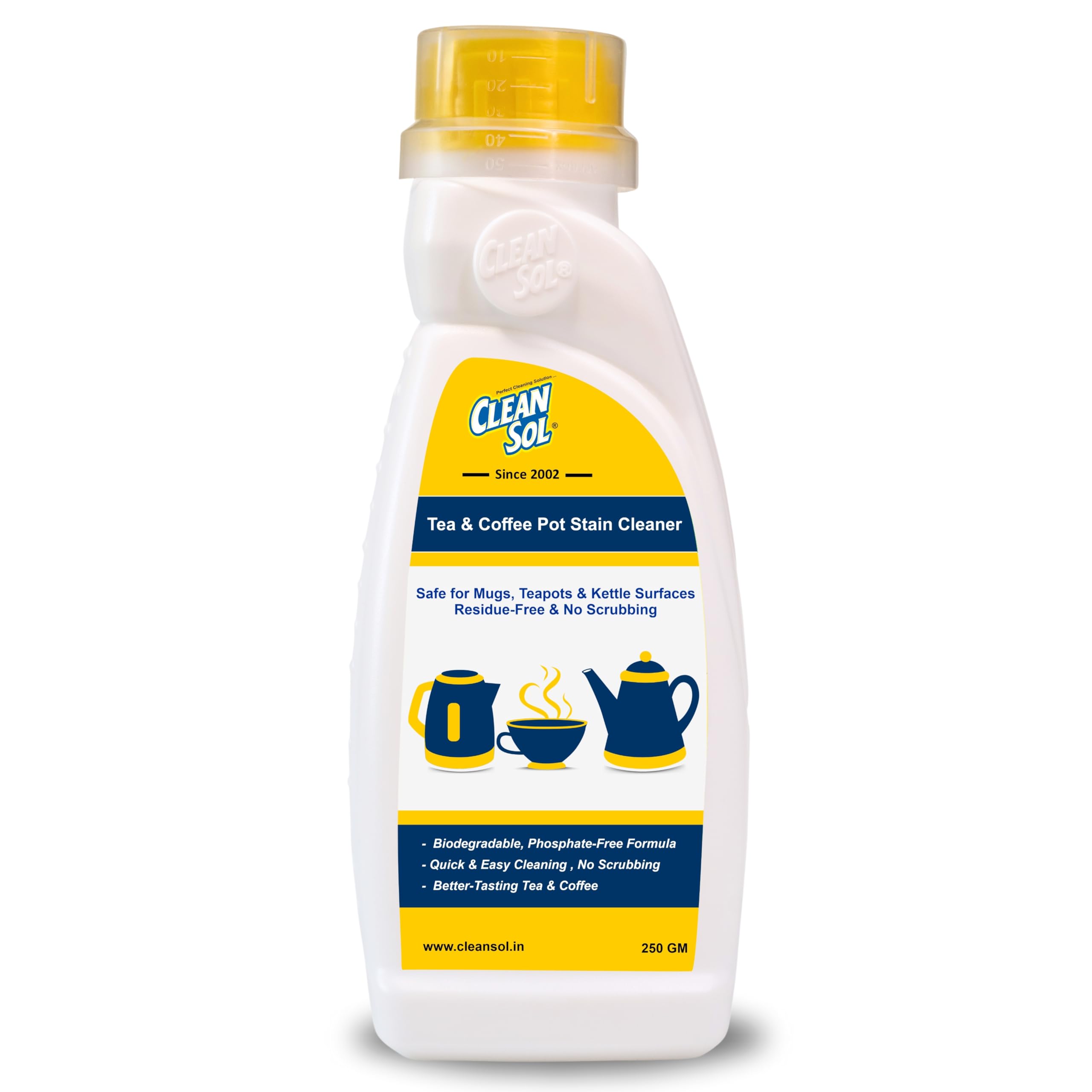 Cleansol Tea & Coffee Pot Stain Cleaner Powder | Safe for Mugs, Teapots & Kettle Surfaces | Residue-Free & No Scrubbing - 250 Gram