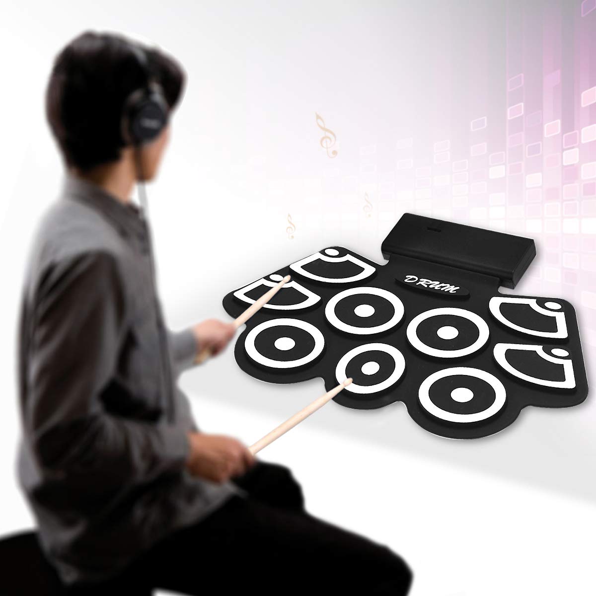 COSTWAY 9 Pads E-Drum, elektronisches Schlagzeug Set mit Bluetooth, Roll-Up-Trommel inkl. Pedale und Drumsticks für Kinder und Anfänger, schwarz