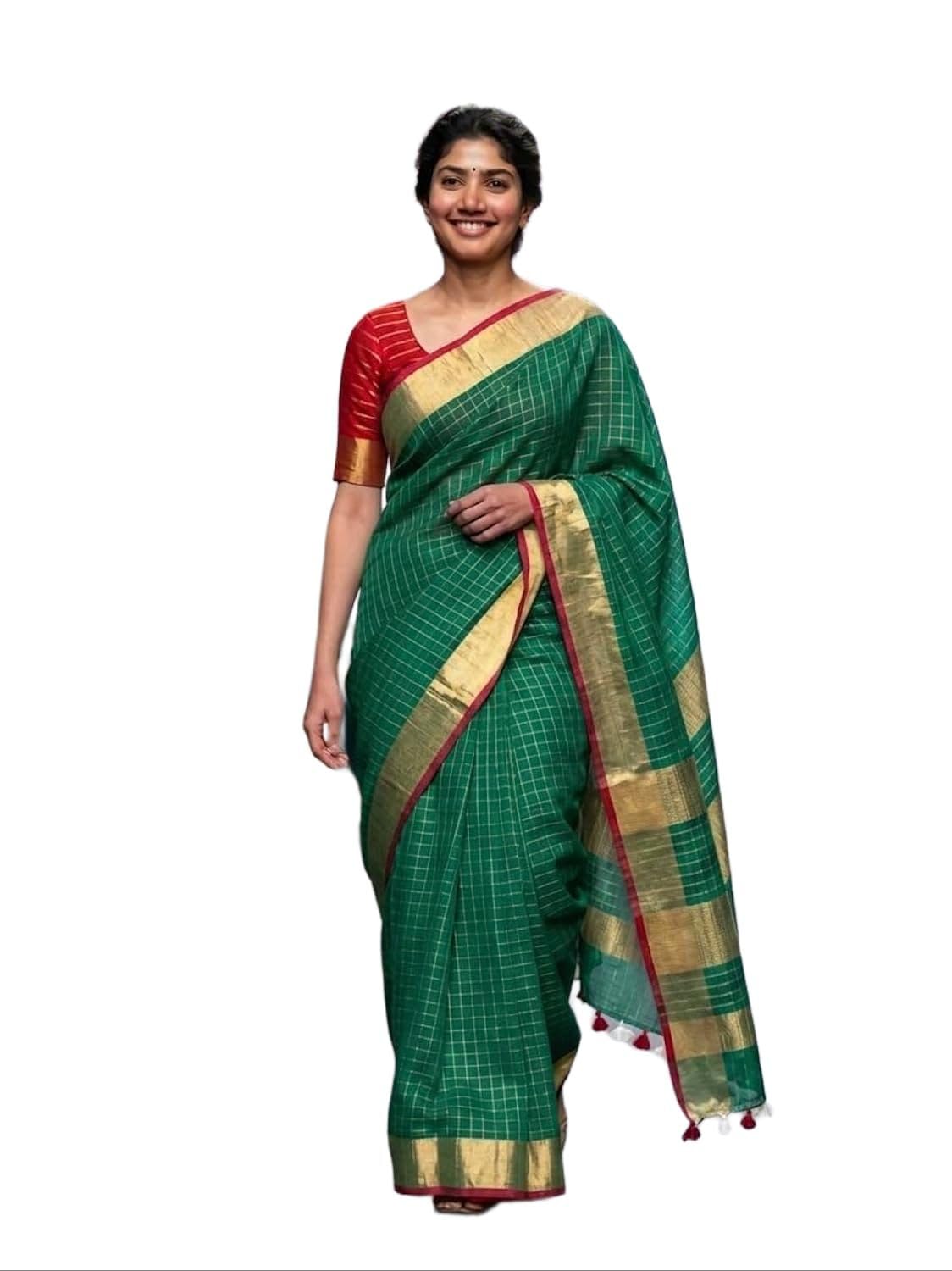 Handloom Linen Cotton Blend Saree, with Red-Gold Border and Contrast Blouse Piece-image-19