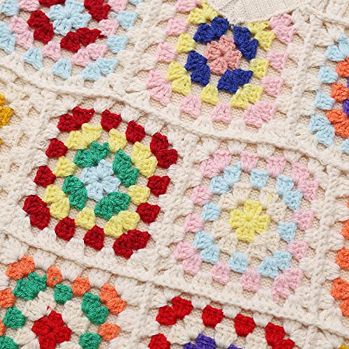 Nc Women's Fashion Knit Crochet Squares Colored Retro V-Neck Wool Vest Loose Casual Sleeveless Tank (Small, Off-White, S) #TOP5