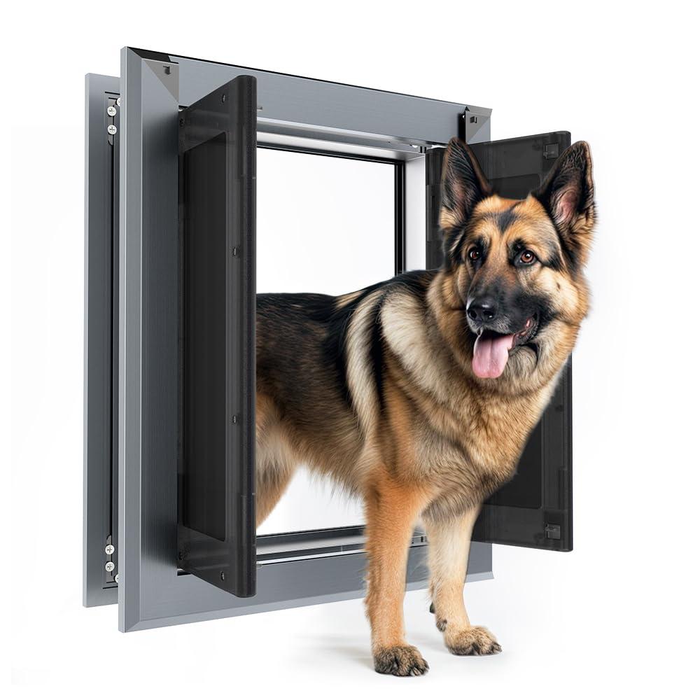 ?PATAPLUS? Aluminum French Large Dog Door,Strong Double Magnetic Flaps,with Aluminum Telescoping Tunnel Heavy-Duty Do g Door for L arge and Medium Dog Up to 110LBS (Large,Smoky Gray)
