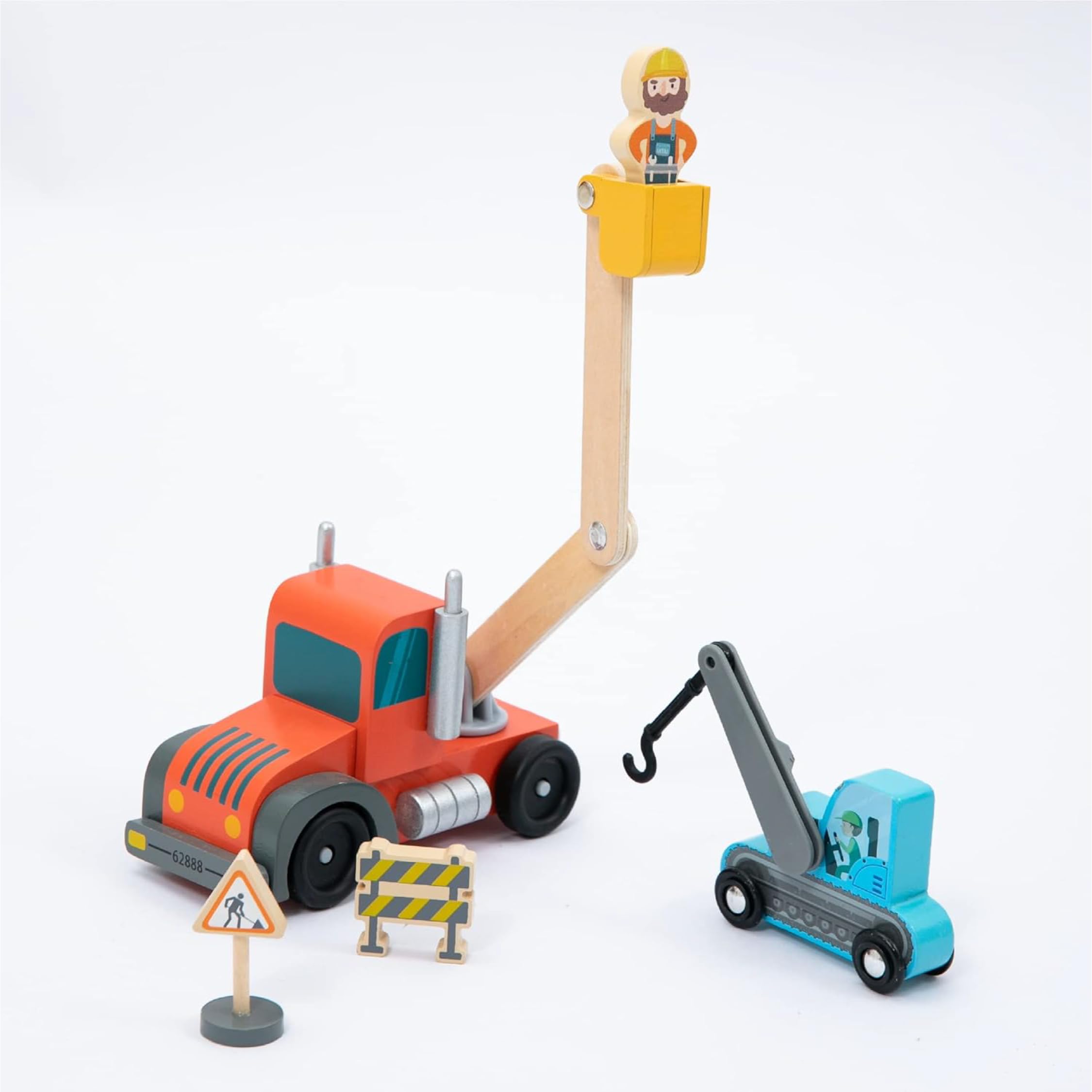 UMU® Set di giochi per veicoli da costruzione in legno per bambini, compatibile con i set ferroviari Brio World e altre marche, giocattolo contiene escavatore, gru, rullo e altro, set da 14 pezzi per