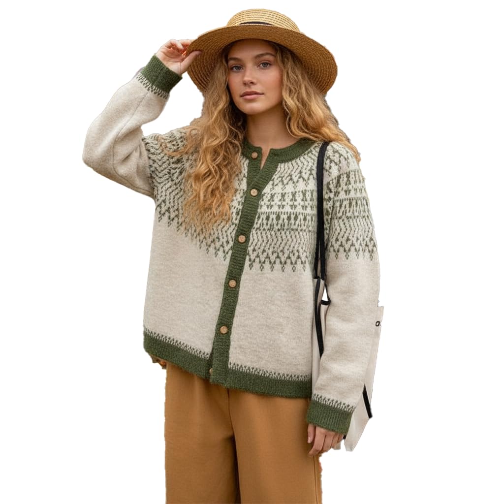 Womens Vintage Fair Isle Cardigan Chunky Knit Crewneck Long Sleeve Button Up Color Block Fall Winter Sweater