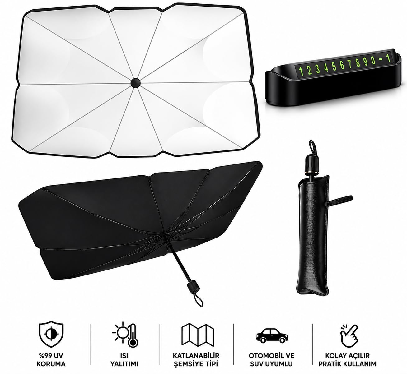 KRAFZ® Şemsiye Şeklinde Katlanabilir Oto Güneşlik ve Oto Numaratör Seti – Araç Güneşliği, Otomobil Ön Cam Güneşlik, Araba Güneşliği, Numaratör Hediyeli Güneş Koruyucu (140x79 cm)